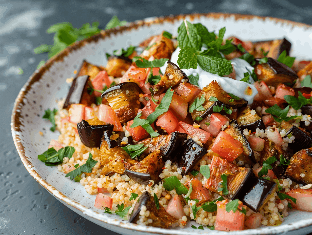 Couscous mit Auberginen, Rhabarber und Joghurt