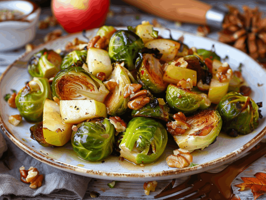 Gerösteter Rosenkohl mit Äpfeln und Walnüssen