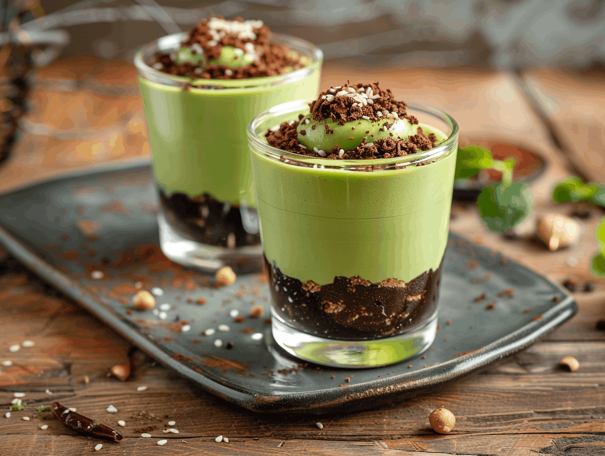 Matcha-Wasabi-Mousse mit Schokoladen-Chili-Kruste und Sesam-Karamell