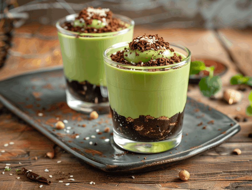 Matcha-Wasabi-Mousse mit Schokoladen-Chili-Kruste und Sesam-Karamell