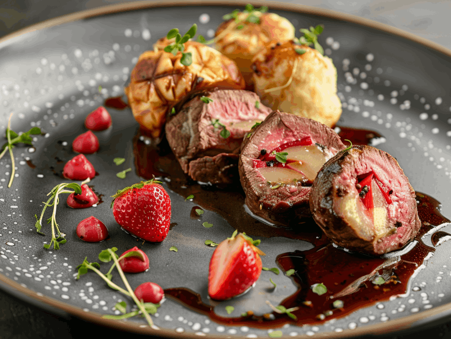 Rinderrouladen mit Rhabarber-Erdbeer-Chili-Füllung