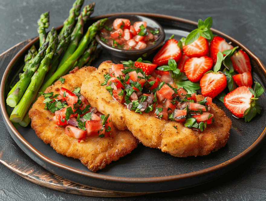 Schnitzel mit grünem Spargel und Erdbeer-Salsa